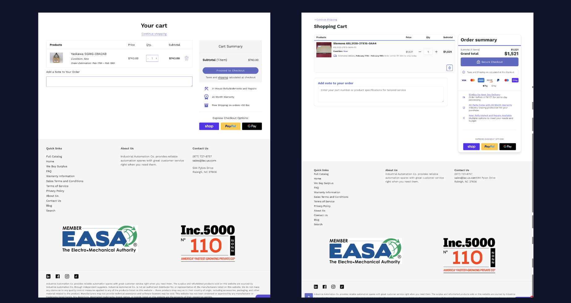 Cart-page redesign — before and after screenshots from the A/B test